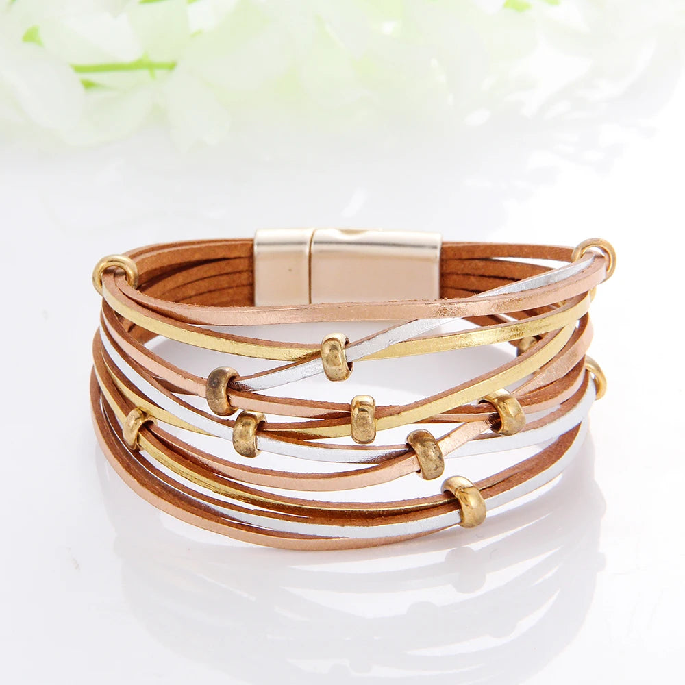 WYBU Multilayer Leather Bracelet For Women Magnet Clasp Charm Braided Wide Wrap Bracelets Bangles Female Bohemian Style Jewelry