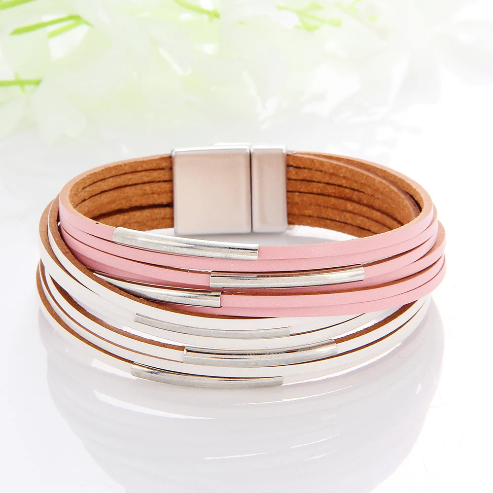 WYBU Multilayer Leather Bracelet For Women Magnet Clasp Charm Braided Wide Wrap Bracelets Bangles Female Bohemian Style Jewelry