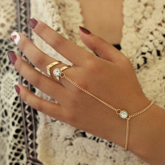 Gold Big Crystal Ring Bracelet For Women Wrist Chain Jewelry Hand Back Chain Fashion Bangles Female Arm Link Ornaments Gifts