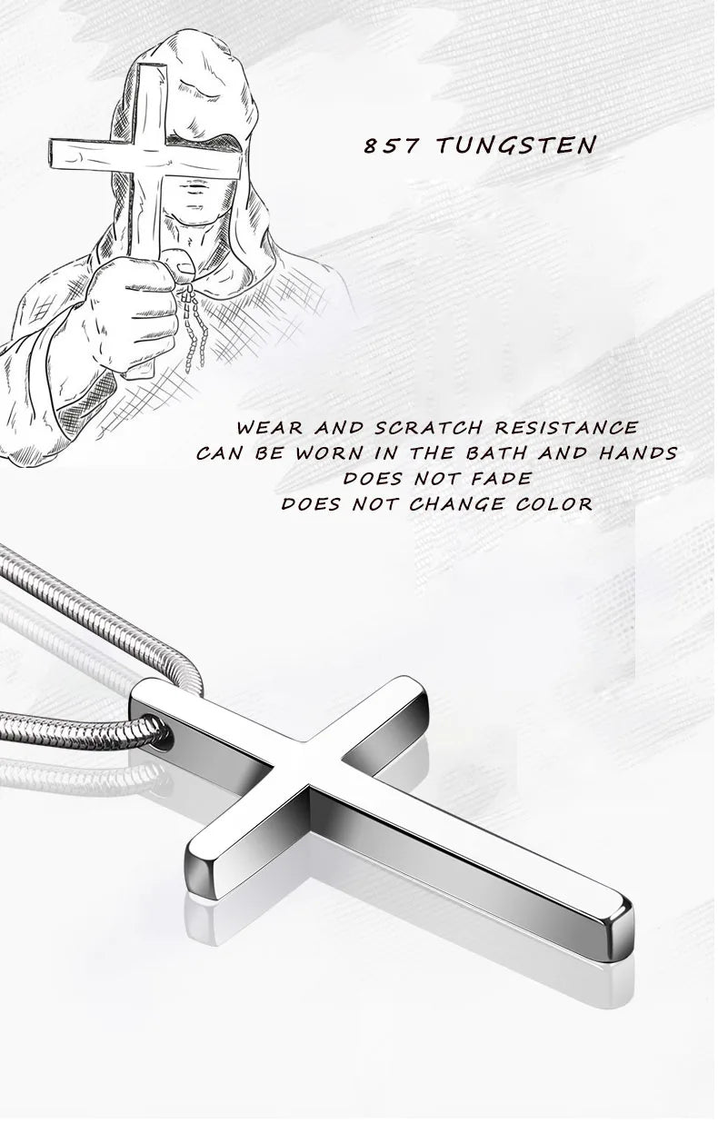 Pendants for Men Classic Design Cross Tungsten Necklace with Snake Stainless Steel Chain 45/50/55cm, Engraving