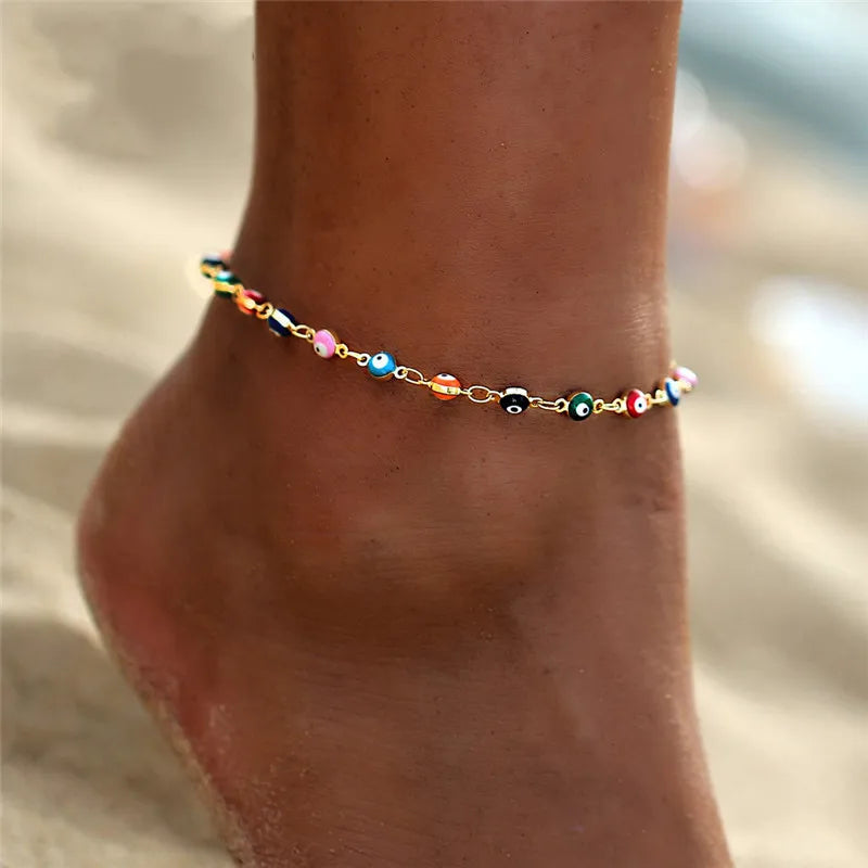 Fashion Colorful Turkish Eyes Anklets for Women Charm Gold Color Beads Pendant barefoot sandals Anklet Foot Jewelry Accessories