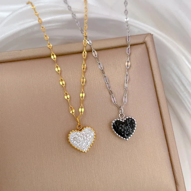 DIEYURO 316L Stainless Steel Minimalist Black White Crystal Reversible Heart Necklace New Fashion Clavicle Chain Jewelry Gif