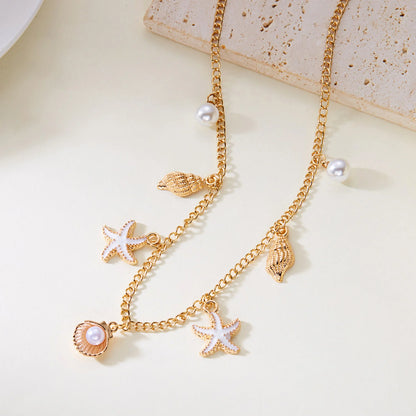 Fashion Gold Color Starfish Conch Turtle Pendant Necklace for Women Handmade Shell Chain Necklace Summer Beach Party Jewelry