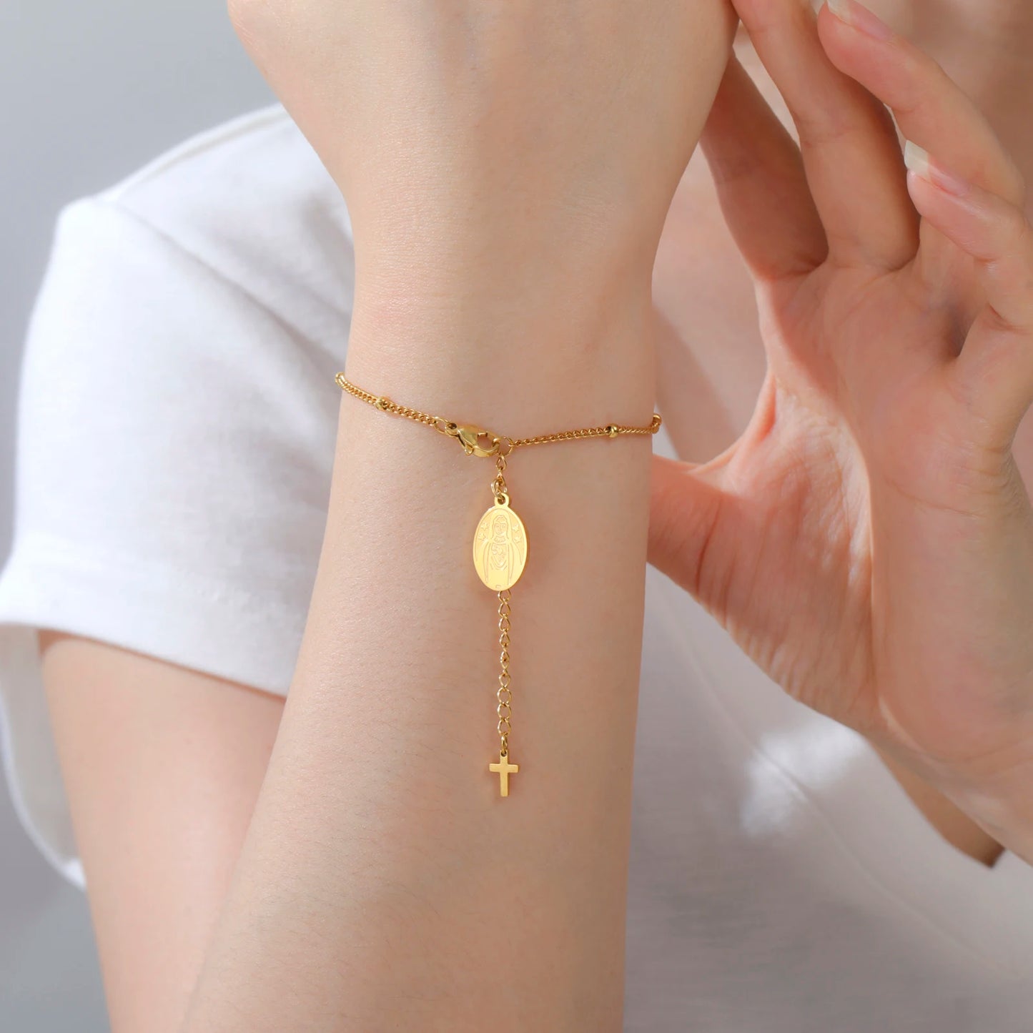 Stainless Steel Beaded Cross Virgin Mary Pendant Bracelet Fashion Jewelry Bracelet Gift for Woman