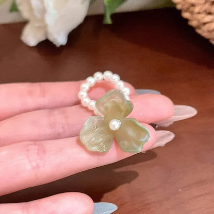 Imitation Pearl Acrylic Flower Rings Sweet Handmade Elastic Rope Romantic Jewelry Gift for Women Girl Fashion