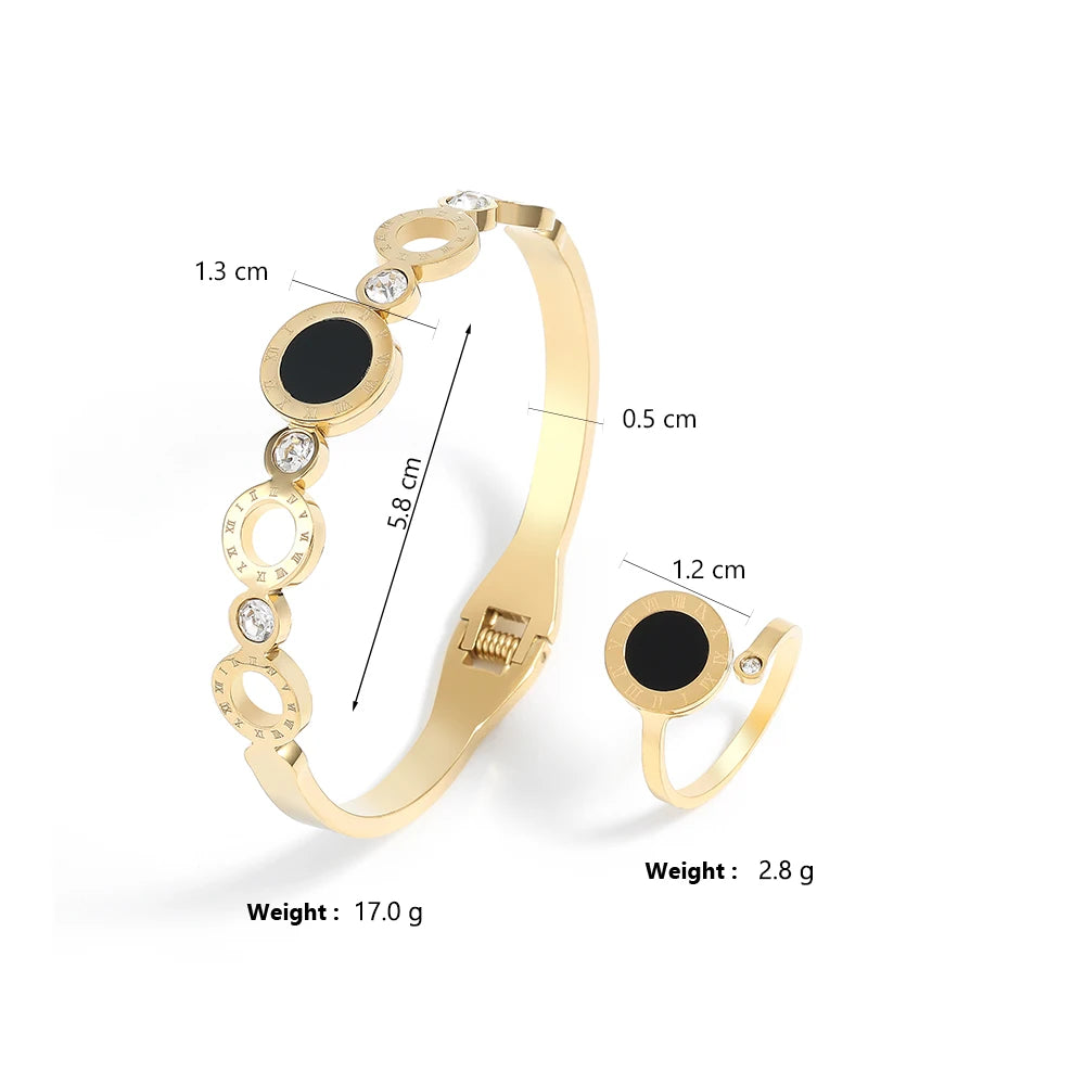 ZAKOL 2 Pcs Fashion Bracelet Rings For Women Black Acrylic Roman Numeral Stainless Steel Couple Bracelet Jewelry Set Gift