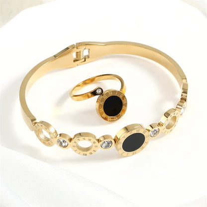 ZAKOL 2 Pcs Fashion Bracelet Rings For Women Black Acrylic Roman Numeral Stainless Steel Couple Bracelet Jewelry Set Gift