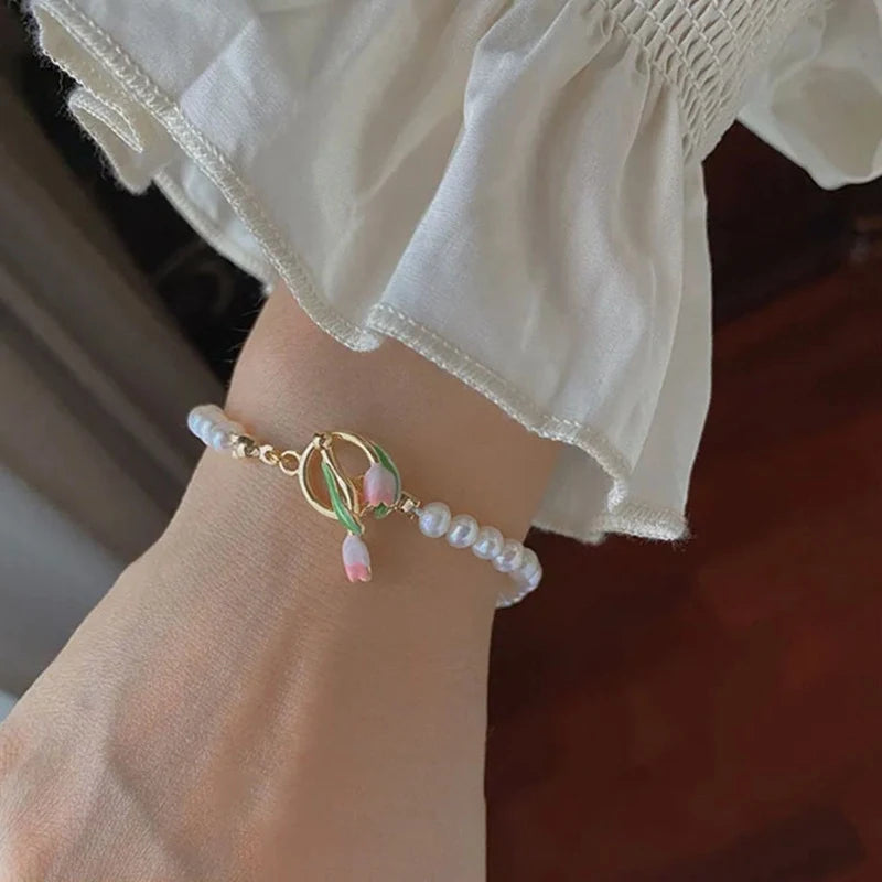 Korean Light Luxury Tulip Flower Bracelet For Women Shiny Zircon Opal Pearl Beaded Rose Adjustable Charm Bracelet Trendy Jewelry