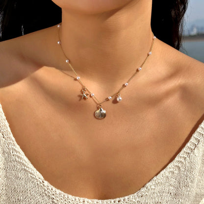 Fashion Gold Color Starfish Conch Turtle Pendant Necklace for Women Handmade Shell Chain Necklace Summer Beach Party Jewelry