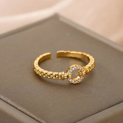 Zircon Round Rings For Women Punk Rock Chain Esthetics Open Adjusted Ring Accessories Finger Jewelry Dainty Gift Bijoux Femme
