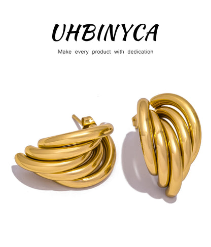 Stainless Steel Irregular Distort Geometry Hoop Earrings for Women Vintage Gold Plated Metal Smooth Earrings Charm Jewelry Gift