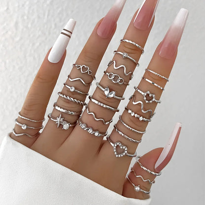Silver Color Geometric Knuckle Ring Set For Women Artificial Pearl Simple Chain Finger Ring Female Bohemian Jewelry Accessories