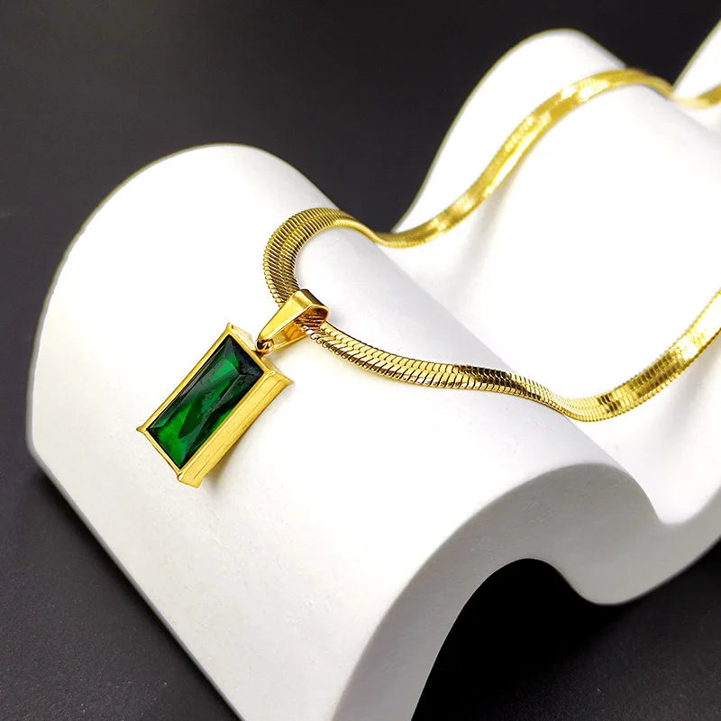 AKOL 316L Stainless Steel Rectangle Green Crystal Zircon Pendant Necklace Earrings For Women Fashion Party Jewelry Set