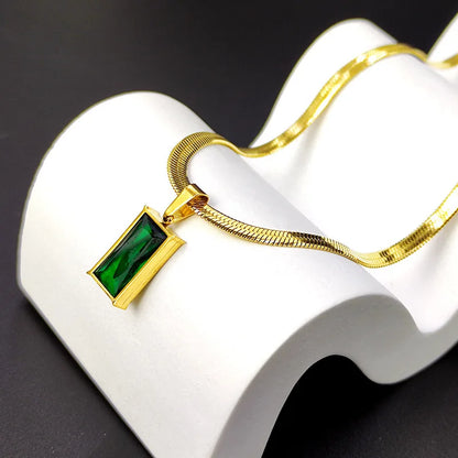 AKOL 316L Stainless Steel Rectangle Green Crystal Zircon Pendant Necklace Earrings For Women Fashion Party Jewelry Set