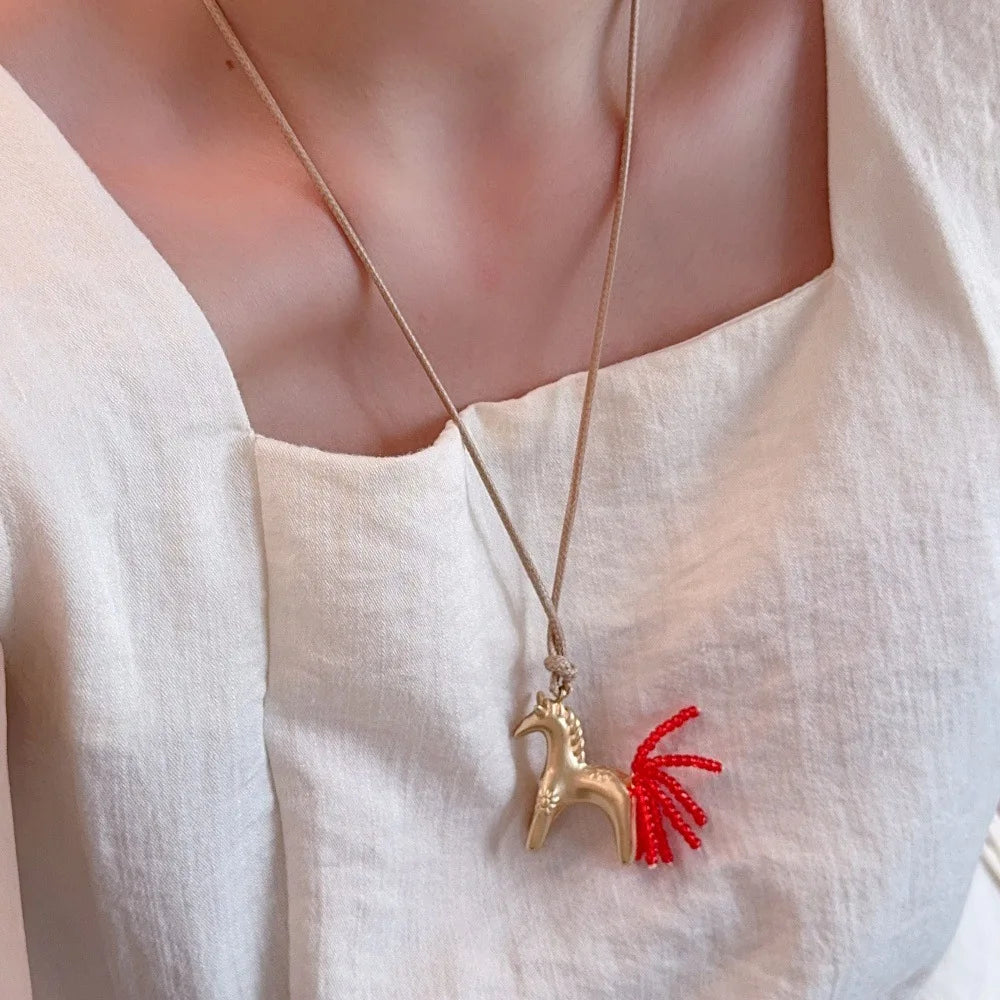 Minar New Luxury Metallic Cartoon Horse Beads Strand Tassel Pendant Necklaces for Women Long Adjustable Wax Rope Chain Choker