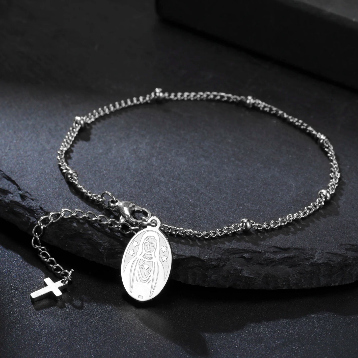 Stainless Steel Beaded Cross Virgin Mary Pendant Bracelet Fashion Jewelry Bracelet Gift for Woman