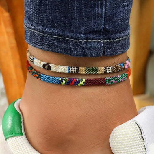 4PCS Summer Bohemian Style Hand-woven Anklets Men and Ladies Couple's Adjustable Anklets Set Beach Leisure