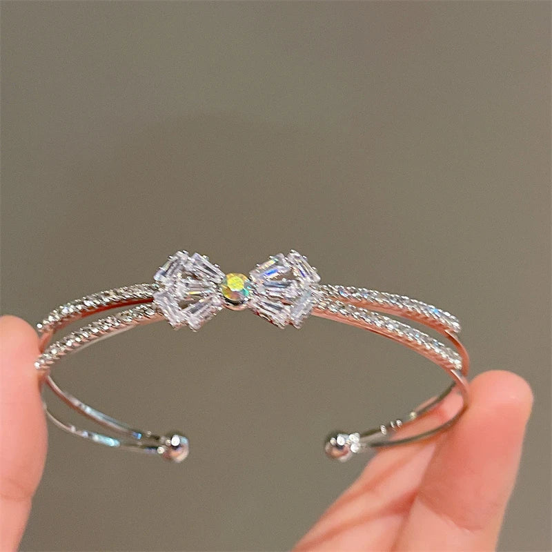 Silver Plated Micro Zircon Open Bangle For Women 2023 Korean Simple Design Hollow Versatile Bracelet Wedding Jewelry Party Gift