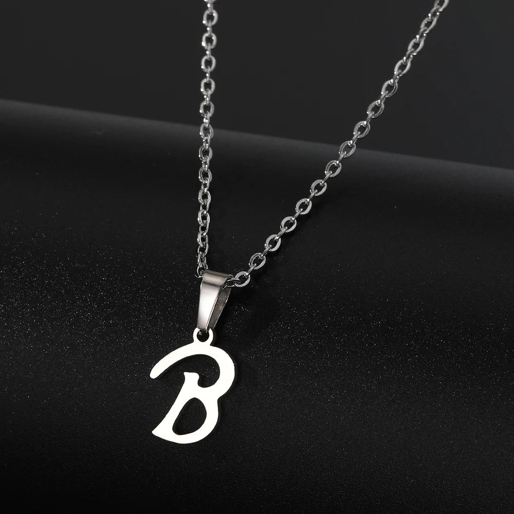 Stainless Steel English Alphabet 26 A-Z Letter Necklace Pendant Women Men Capital Initial Name Necklace Birthday Gift