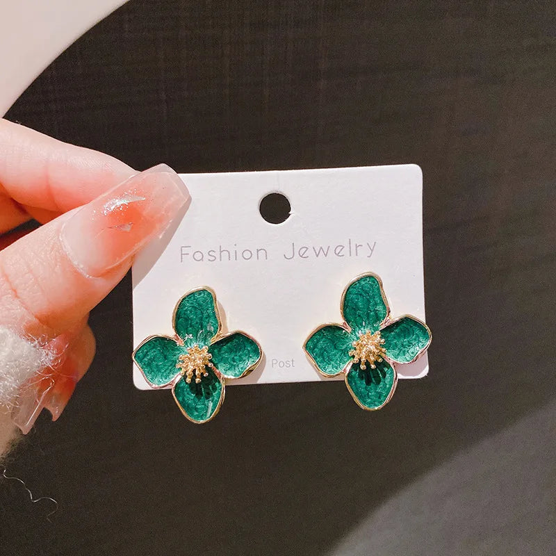 Light Green Enamel Oil Flower Stud Earrings for Women Elegant Four Blooming Petals Plant Earrings Cute Trendy Party Jewelry Gift