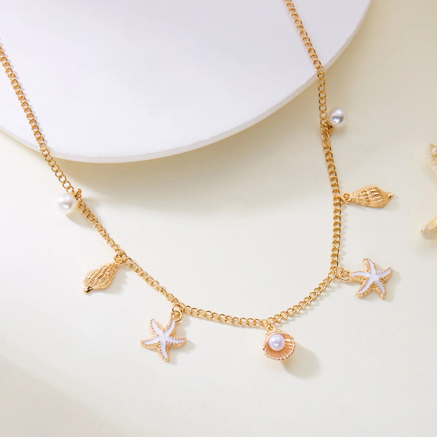 Fashion Gold Color Starfish Conch Turtle Pendant Necklace for Women Handmade Shell Chain Necklace Summer Beach Party Jewelry