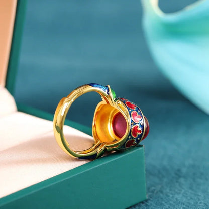 Original ancient gold craftsmanship natural carnelian rings for women flower enamel national style light luxury Wedding jewelry
