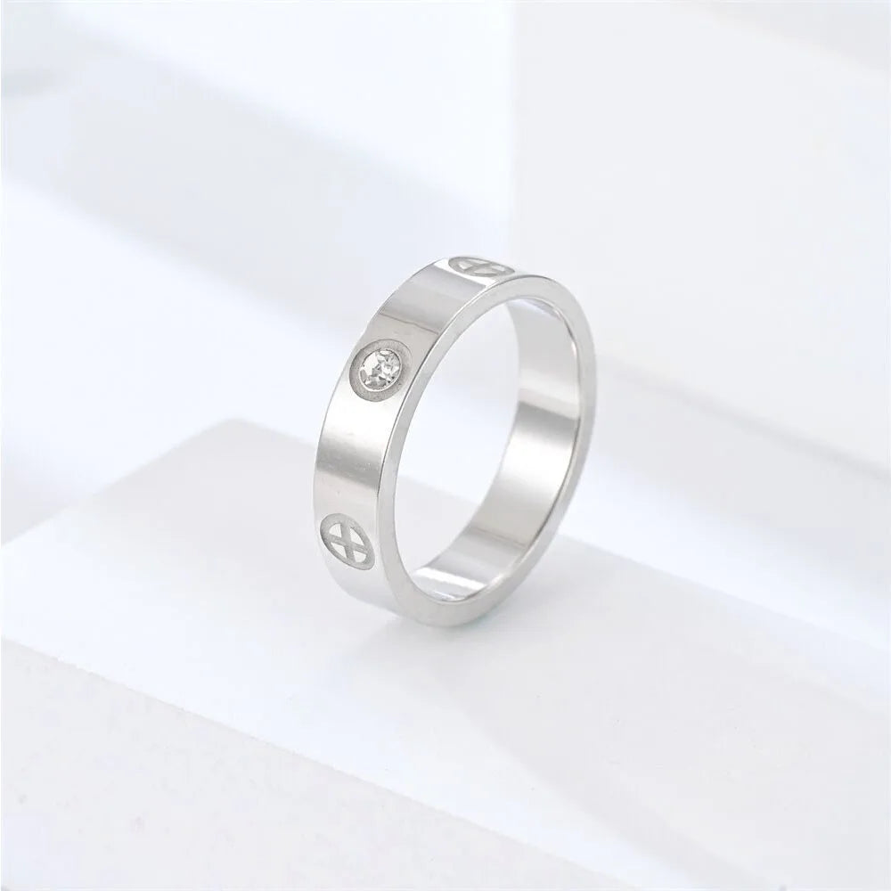 Classic Stainless Steel Cross with Zircon Love Rings for Women Men Couple Finger Ring Luxury Jewelry Wedding Party Gift