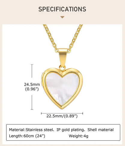 Shell Heart Locket Necklace for Women,  Mother Of Pearl Love Shape Pendant, Elegant Stainless Steel Jewelry