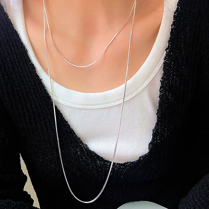 New 925 Sterling Silver Simple Style Long Necklace Personalized Charm Woman Simple Style Choker Birthday Gift Exquisite Jewelry