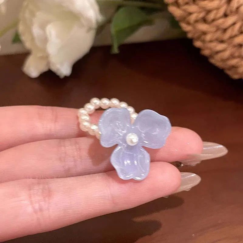 Imitation Pearl Acrylic Flower Rings Sweet Handmade Elastic Rope Romantic Jewelry Gift for Women Girl Fashion