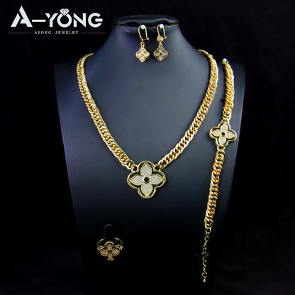 Italian Jewelry Set 21k Gold Plated Zircon Dubai Luxury Necklace Bracelet Earrings Ring Sets Women Wedding Birthday Party Gifts