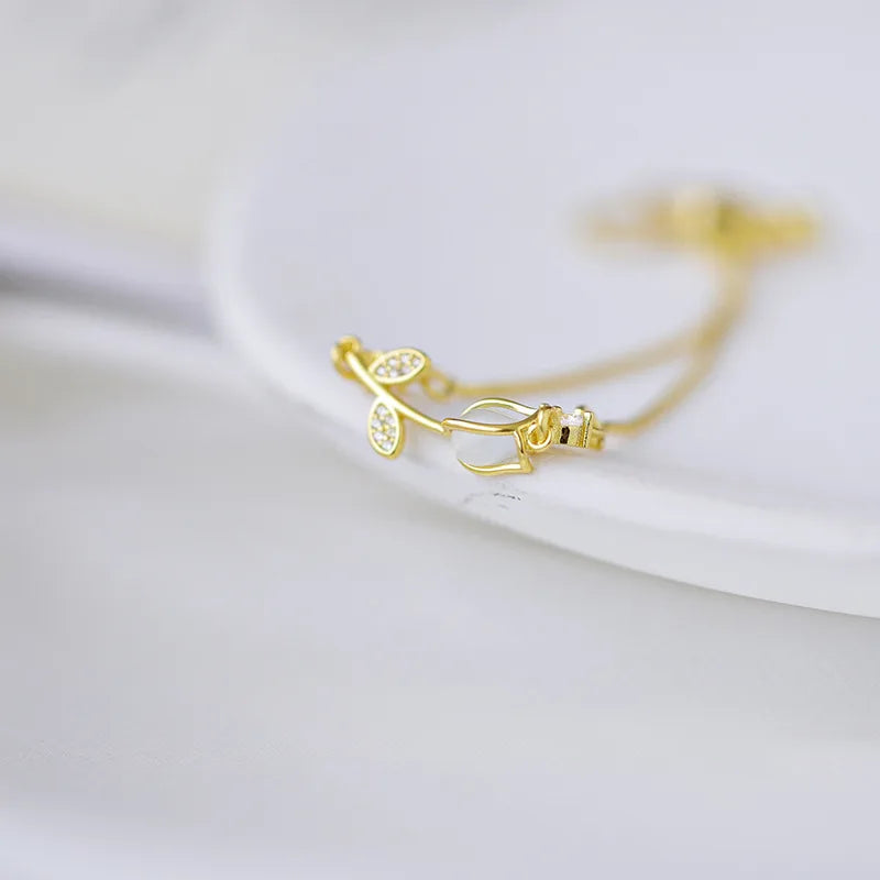 Korean Light Luxury Tulip Flower Bracelet For Women Shiny Zircon Opal Pearl Beaded Rose Adjustable Charm Bracelet Trendy Jewelry