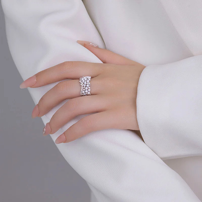 925 Sterling Silver Zircon Pearl Round Rings for Women Minimalist Trendy Light Luxury Fine Jewelry Opening Accessories