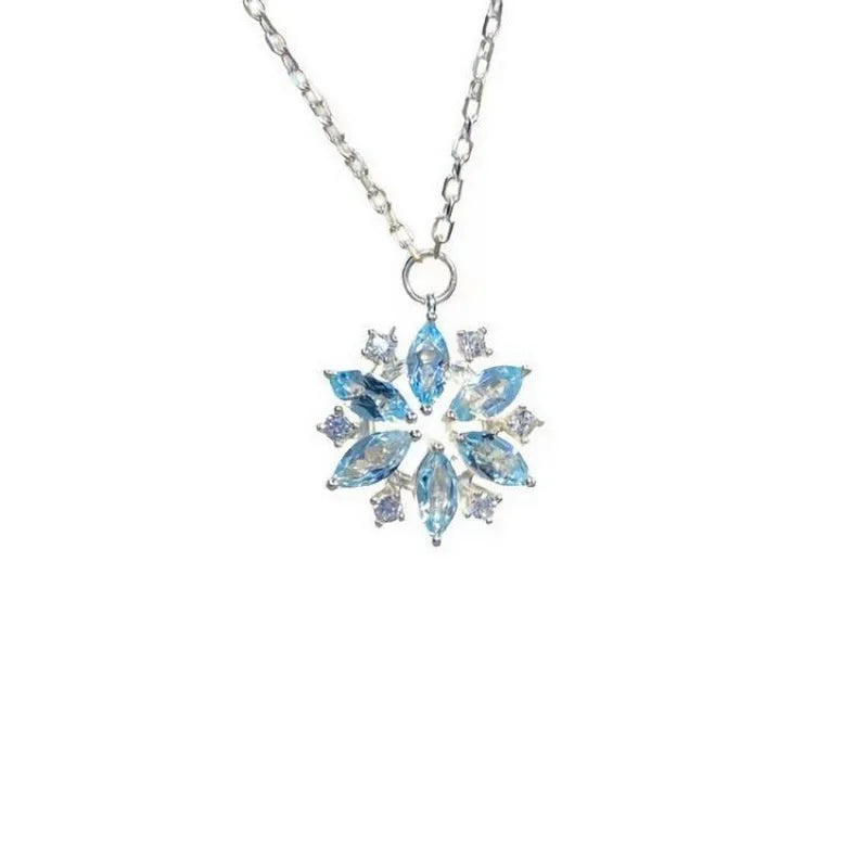 Fashion Blue Snowflake Flower Pendant Choker Necklace for Women's Zircon New Year Gift Party Festival Clavicle Chain Jewelry