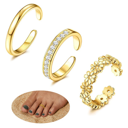 3pcs Fashionable Luxurious Open Adjustable Zircon Foot Ring Women's Beach Vacation Foot Joint Ring Toe Ring Set Jewelry