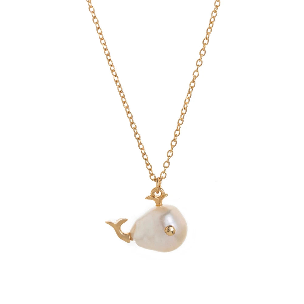 Baroque Whale Necklace, Alien Pearl, Marine Life Pendant, Clavicle Chain, Small Fish Earnail Set, Color Preserved