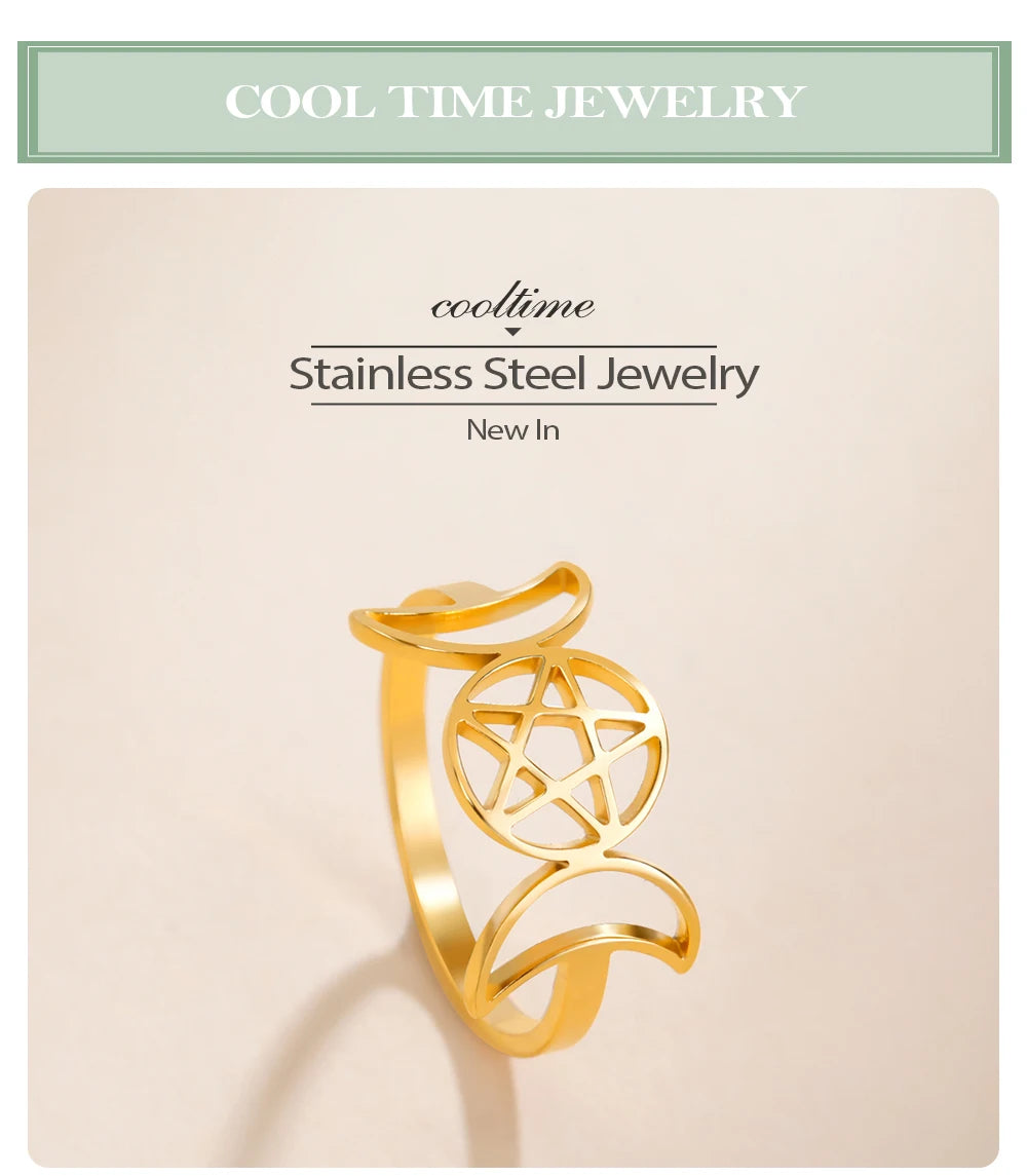 COOLTIME Pentagram Triple Moon Goddess Symbol Rings for Women Men Stainless Steel Crescent Star Ring Vintage Wicca Jewelry Gift
