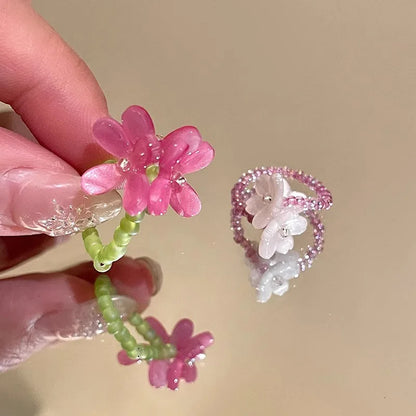 Violet Flower Acrylic Ring New Korean Style White Lily Index Finger Ring Elastic Beaded Unique Creativity Fold Women Jewelry