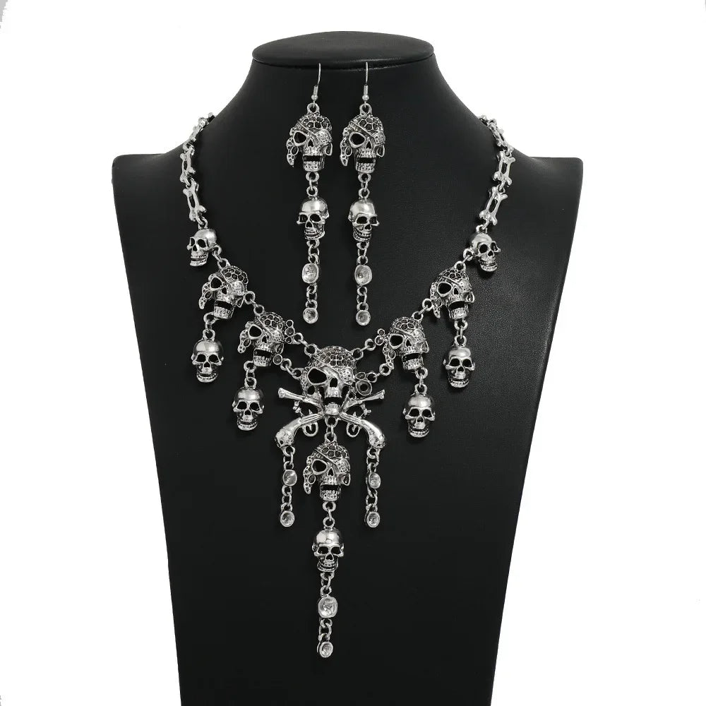 Halloween Jewelry Sets Vintage Goth Punk Pirate Skeleton Skull Statement Necklace And Earrings For Men Women Party Accessories