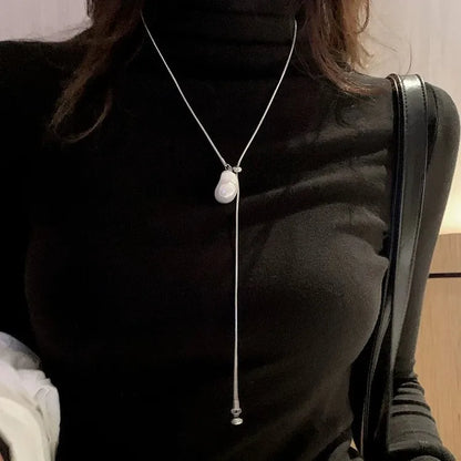 LATS Stainless Steel Long with Baroque Pearls Necklace for Women Adjustable Chain Sweater Accessories Fashion Jewelry