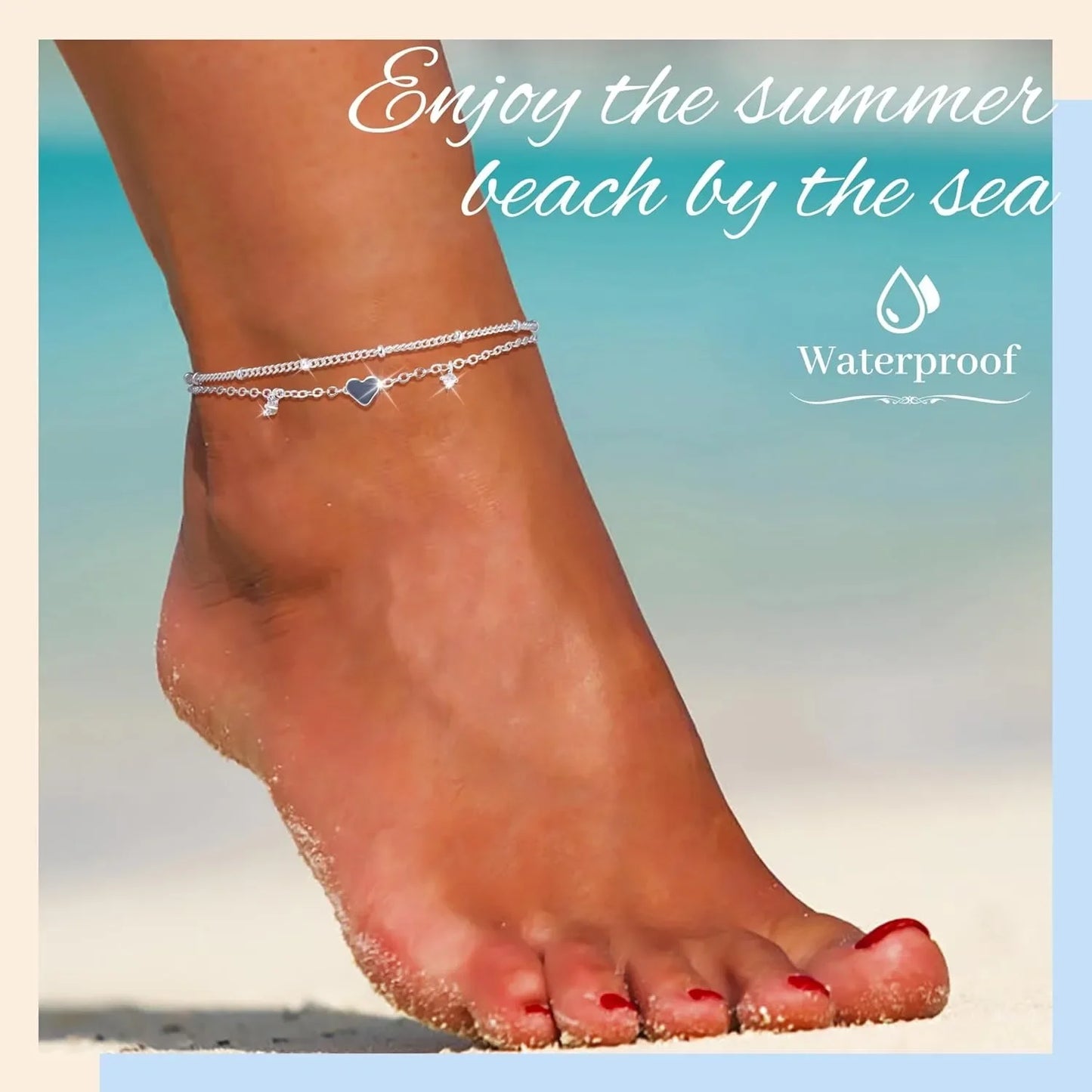 Anklet Bracelets for Women Waterproof, 925 Sliver Plated CZ Heart Layer Anklets for Women Anklet Gifts for Women, Jewelry Gifts