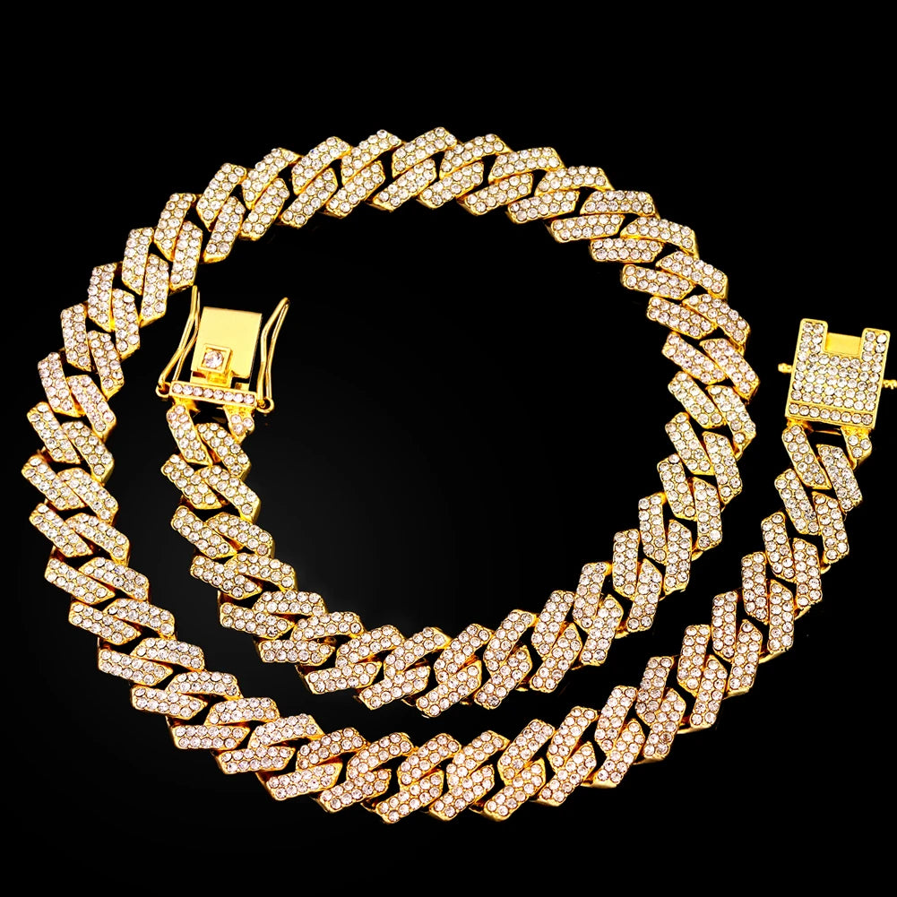 16/18/20/22/24inch Gold Color Cuban Link Chain for Women Men 2 Row Rhinestone Rhombus Prong Cuban Necklaces Hip Hop Jewelry