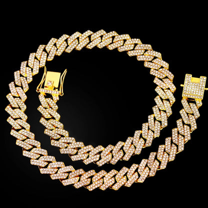 16/18/20/22/24inch Gold Color Cuban Link Chain for Women Men 2 Row Rhinestone Rhombus Prong Cuban Necklaces Hip Hop Jewelry