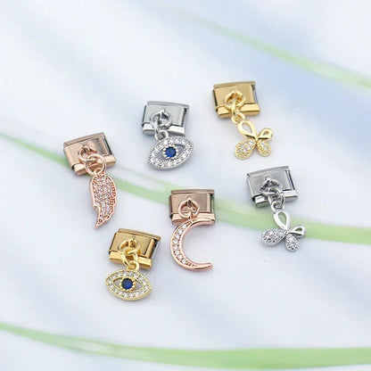 Hapiship Fashion Moon Eye Butterfly Angle Wing Shiny CZ Charm Links Fit 9mm Stainless Steel Bracelet DIY Making Jewelry DJ418