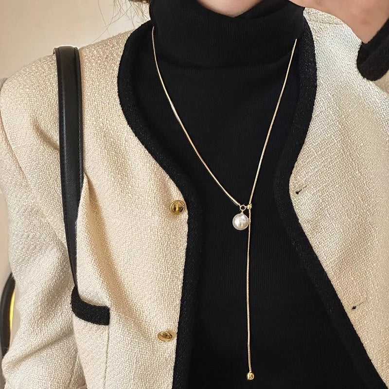LATS Stainless Steel Long with Baroque Pearls Necklace for Women Adjustable Chain Sweater Accessories Fashion Jewelry