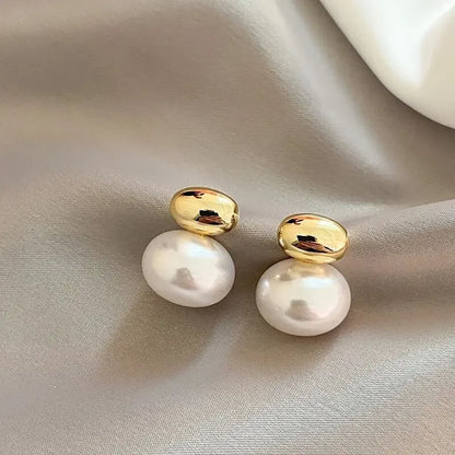 LATS New French Elegant Gold Color Bean Spliced Flat Pearl Earrings for Korean Fashion Jewelry Party Women's Sweet Accessories