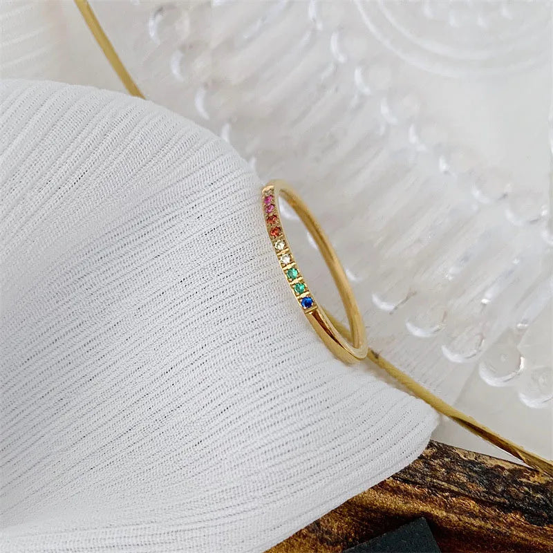 INS Stainless Steel Rainbow Color Cubic Zircon Stone Finger Rings for Women Gold Plated Waterproof Stacker Ring Jewelry Gift