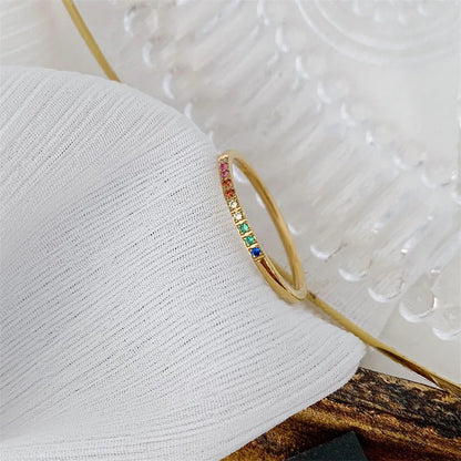 INS Stainless Steel Rainbow Color Cubic Zircon Stone Finger Rings for Women Gold Plated Waterproof Stacker Ring Jewelry Gift