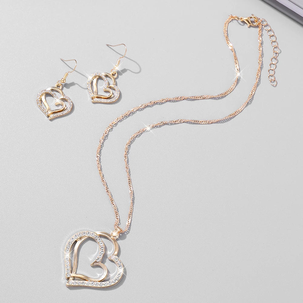 1 par de brincos + 1 colar estilo romântico francês conjunto de joias com design de coração brilhante prateado ou dourado faça sua escolha presente F
