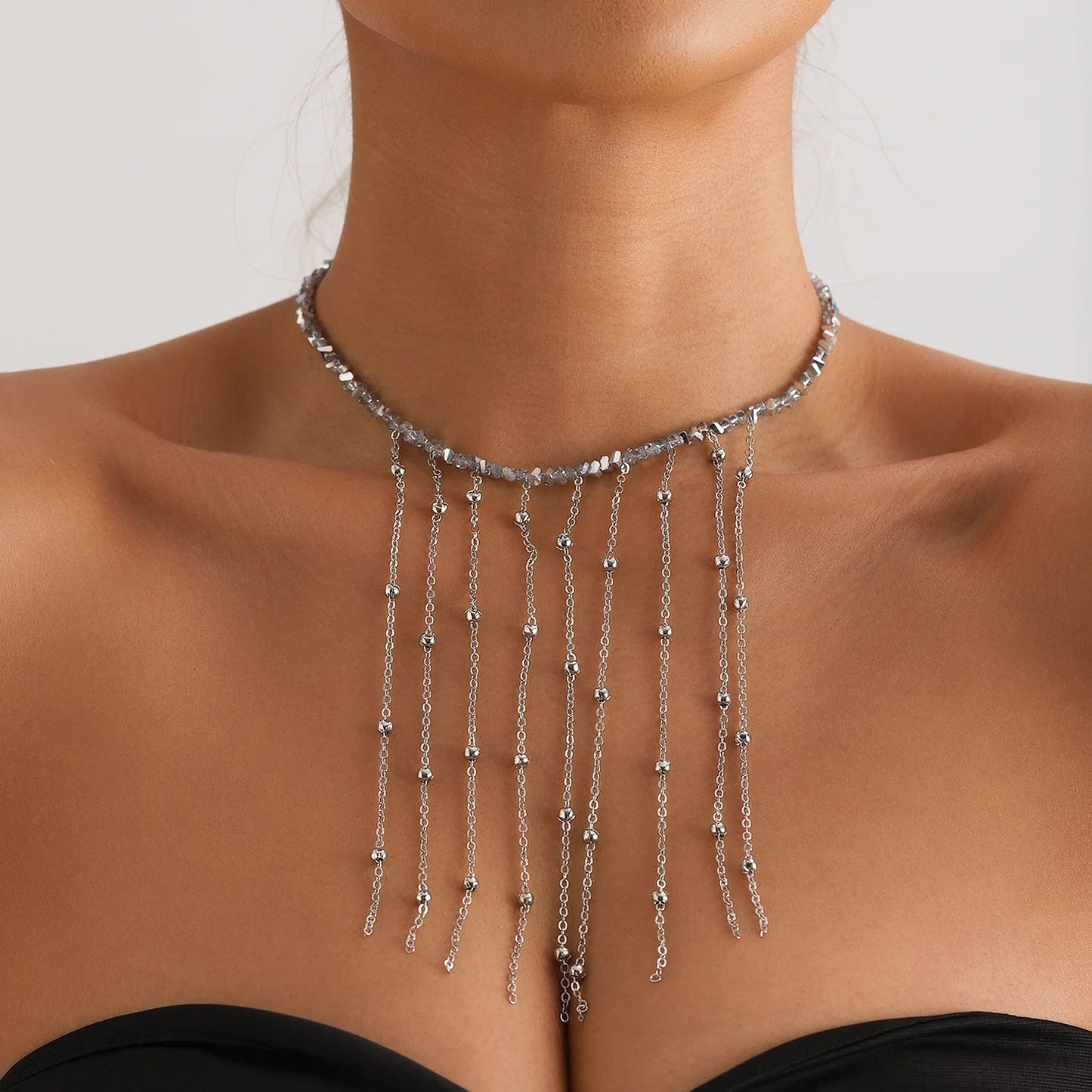 LATS Heart Beaded Necklace Women Boho Crystal Class Gravel Clavicle Chain Cool Y2K Choker Exquisite Fashion Jewelry